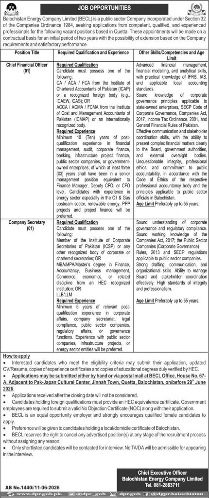 Balochistan Energy Company Limited Jobs 2026