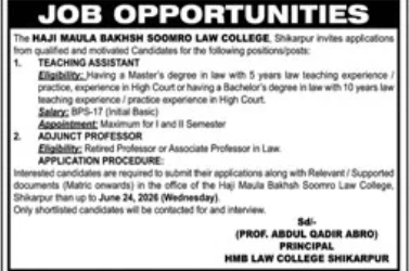 Haji Maula Bakhsh Soomro Law College Jobs 2026