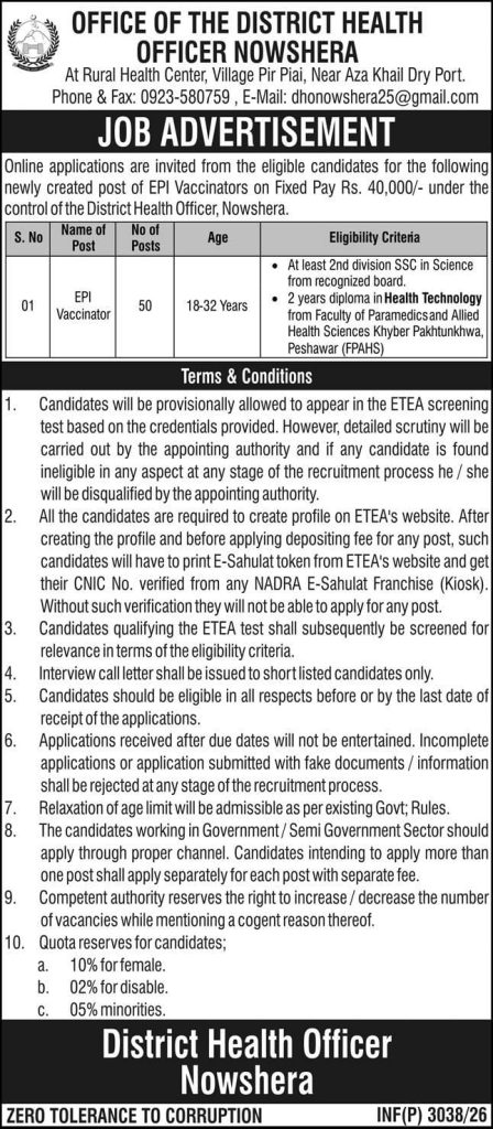 Office of District health officer , Nowshera Jobs 2026