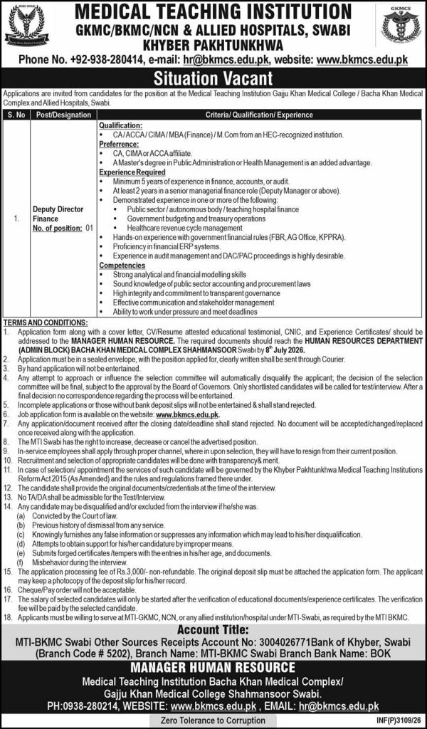 Medical Teaching Institution GKMC / BKMC NCN and Allied Hospitals Swabi , KPK Jobs 2026