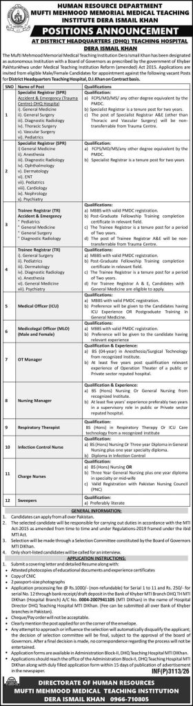 Mufti Mehmood Memorial Medical Teaching institute Dera Ismail Khan Jobs 2026