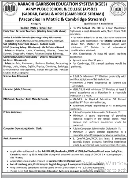 Karachi Garrison Education System , Army public School and College Jobs 2026