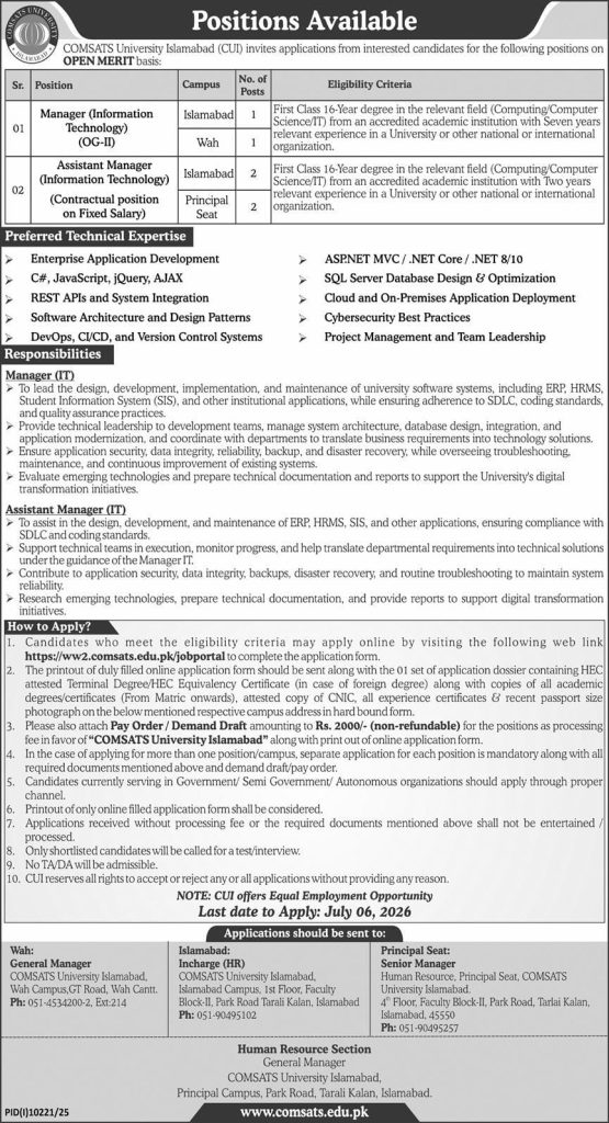 COMSATS  University , Islamabad Jobs 2026