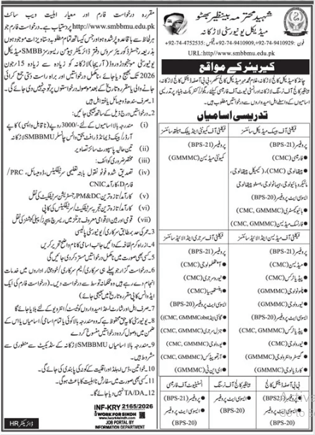 Shaheed Muhtarma Benazie Bhutto Medical University Ladkana Jobs 2026