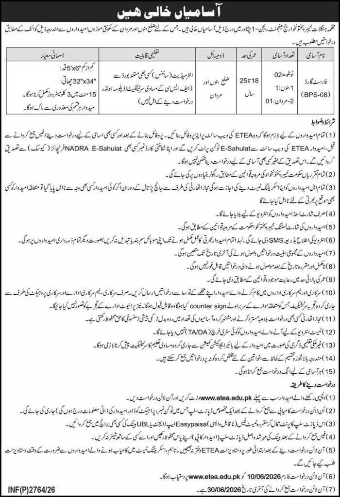 Department of Forest KPK Region Management Region –I Peshawar Jobs 2026