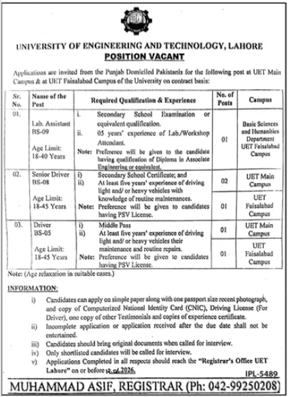 University of Engineering and Technology , Lahore Jobs 2026