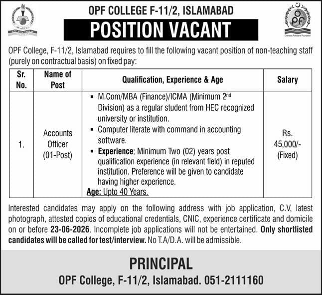 OPF College – Islamabad Jobs 2026