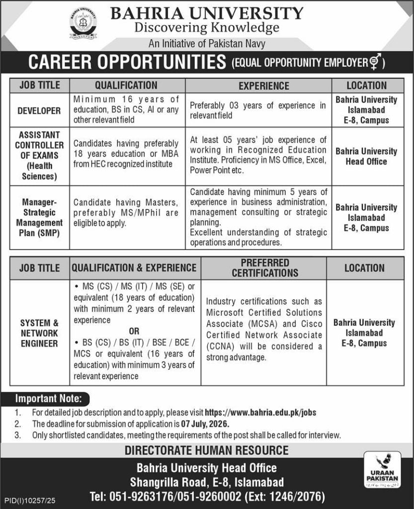 Bahria university Jobs 2026