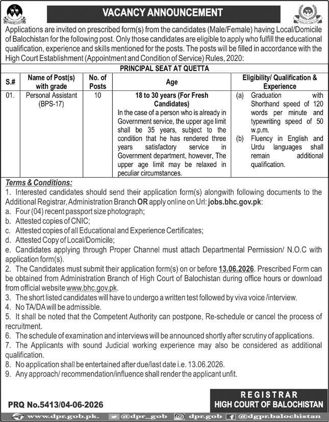 High Court of Balochistan Jobs 2026