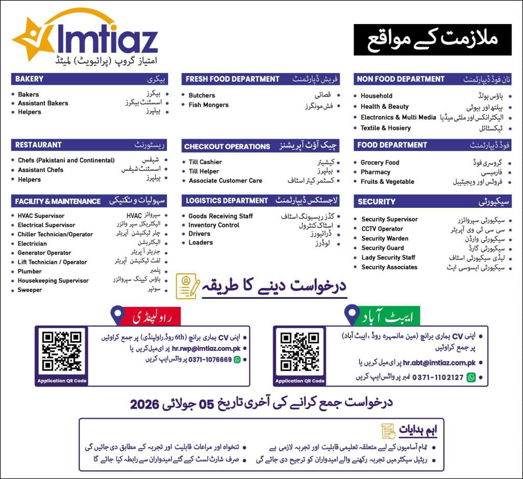 Imtiaz Group (private ) limited  Jobs 2026