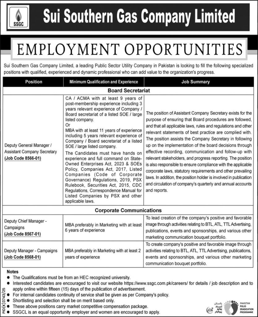 Sui Southern Gas company limited Jobs 2026