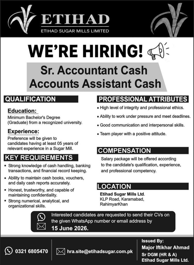 ETIHAD Sugar Mills Limited Jobs 2026