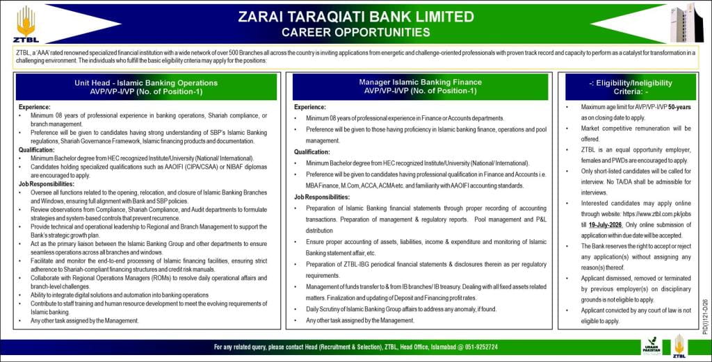 Zarai Taraqiati Bank Limited  Jobs 2026