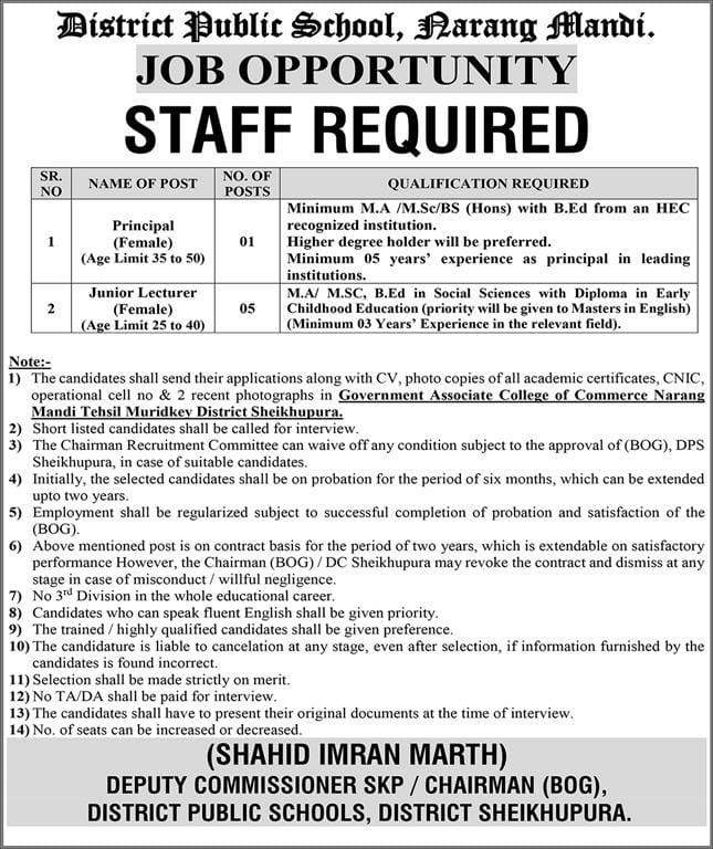 District Public School , Narang Mandi Jobs 2026