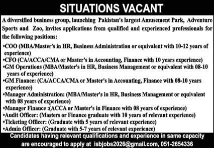 A Diversifies Business Group ,Pakistan’s largest Amusement Park ,adventure zoo and sports  Jobs 2026