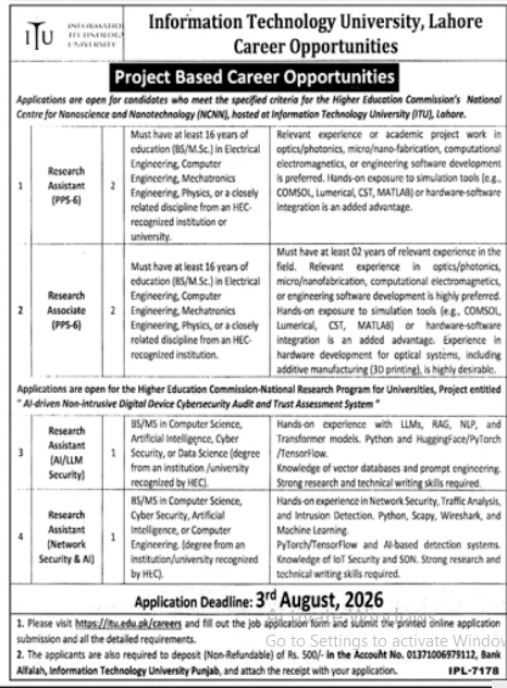 Information Technology University ,Lahore Jobs 2026