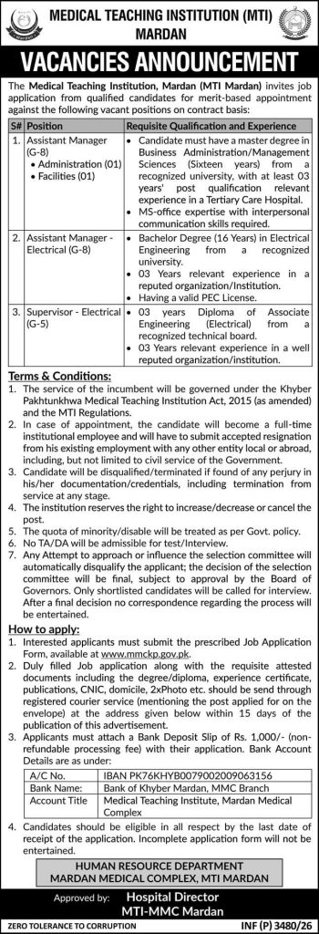 Medical Teaching Institute , Mardan Jobs 2026