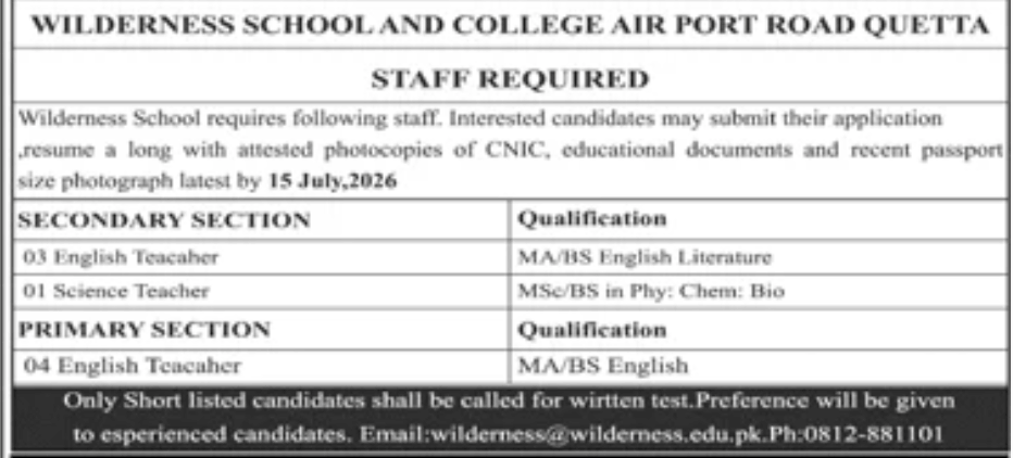 Wilderness School and College Jobs 2026