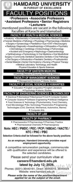 Hamdard University Jobs 2026