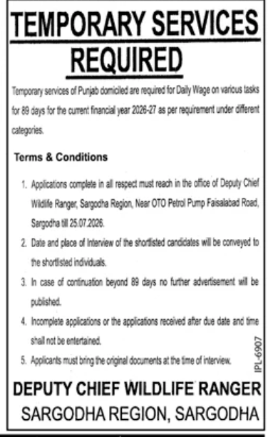 Deputy chief Wildlife Rangers , Sargodha Jobs 2026