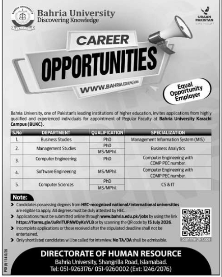 BAHRIA University Jobs 2026