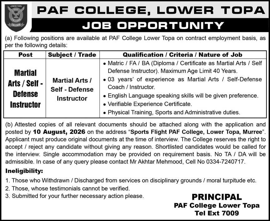PAF College ,Lower Topa Jobs 2026
