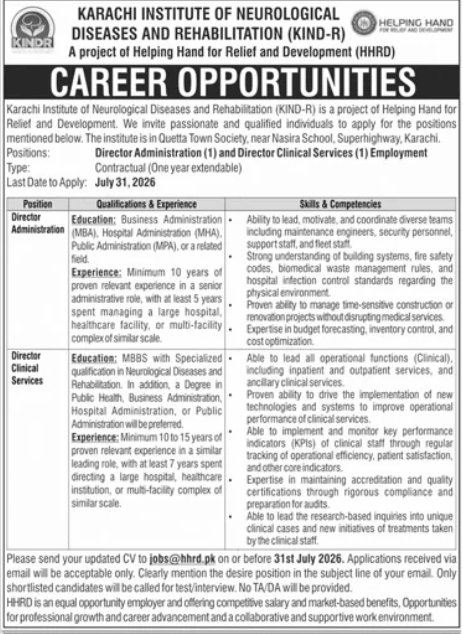 Karachi Institute of Neurological Disease and Rehabilitation Jobs 2026
