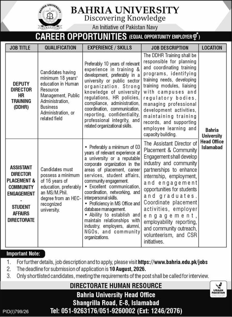 BAHRIA University Jobs 2026