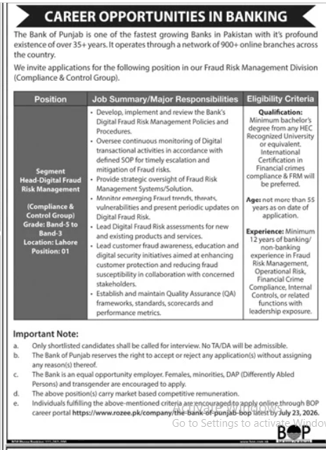 The Bank of Punjab Jobs 2026
