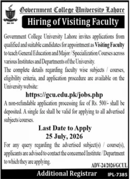 Government College University , Lahore Jobs 2026