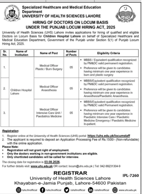 University of Health Sciences , Lahore Jobs 2026