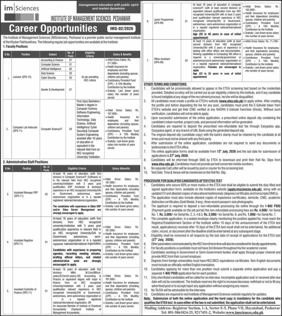 Institute of Management Sciences Peshawar Jobs 2026