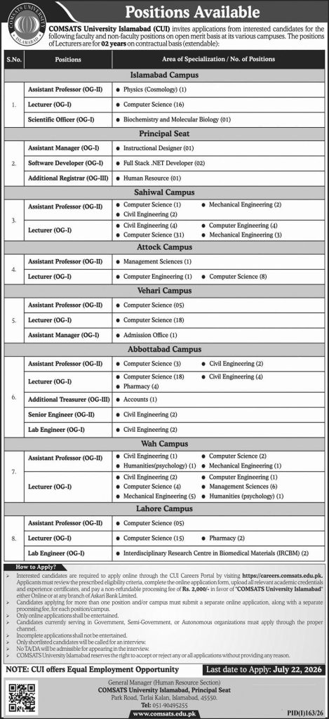 COMSATS University , Islamabad Jobs 2026