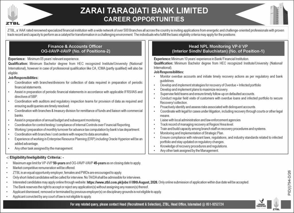 Zarai Taraqiati Bank Jobs 2026
