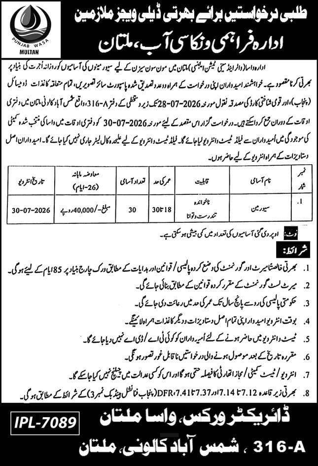 Punjab WASA Multan Jobs 2026