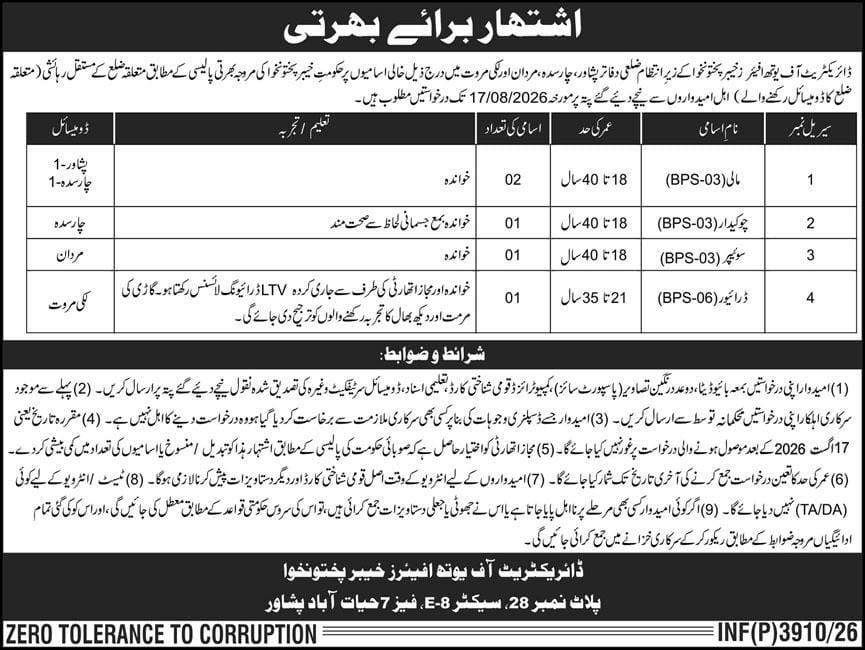 Directorate of Youth Affairs KPK Jobs 2026