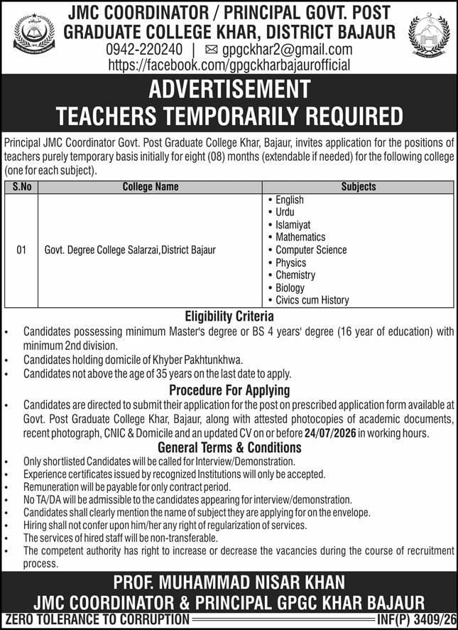 Government. Post Graduate College Khar , distrist Bajaur Jobs 2026