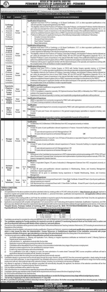 Peshawar Institute of Cardiology MTI Jobs 2026