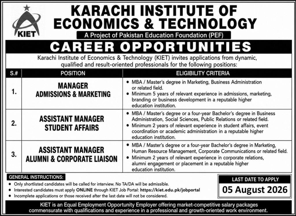 Karachi Institute of Economics and Technology Jobs 2026
