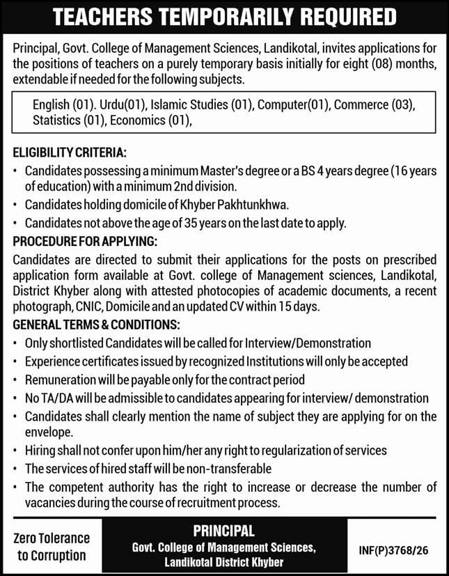 Government College of Management Sciences Landikotal  Jobs 2026