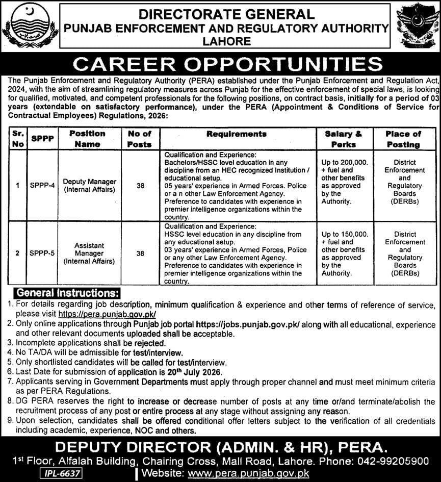 Punjab Enforcement and Regulatory Authority ,Lahore Jobs 2026