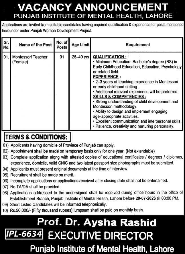 Punjab Institute of Mental Health,Lahore Jobs 2026