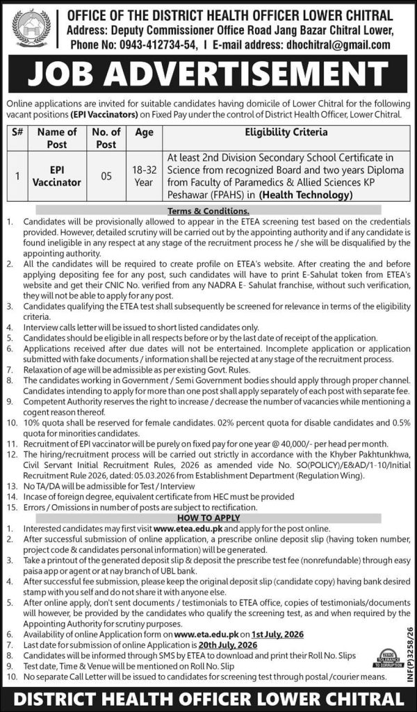 District Health Officer , lower Chitral Jobs 2026