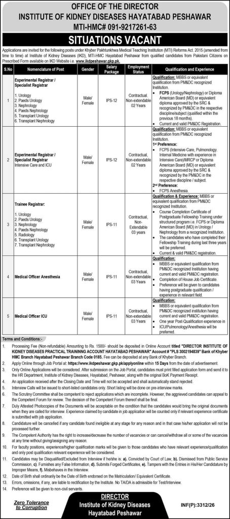 Institute of Kidney Disease Hayatabad Peshawar Jobs 2026
