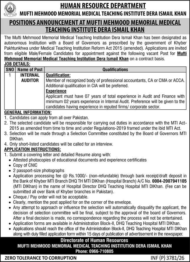 The Mufti Mehmood Memorial Medical Teaching Institution Dera Ismail Khan Jobs 2026