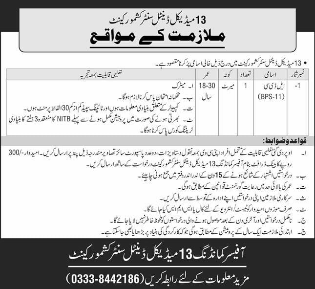 13 Medical Dental center Kashmore Cantt Jobs 2026