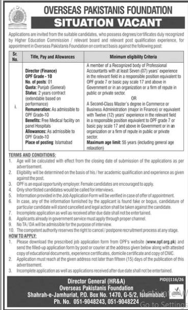Overseas Pakistanis Foundation Jobs 2026