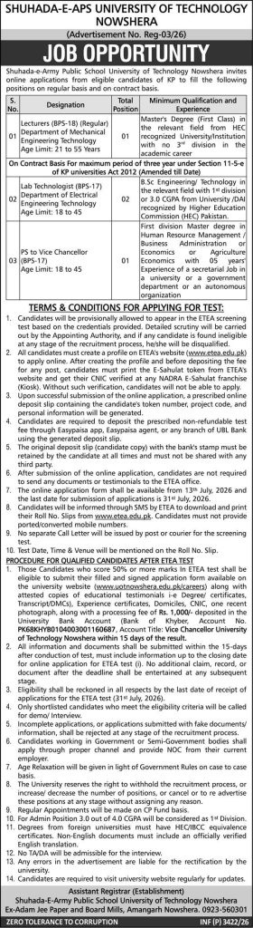 Shuhada –E-APS University of Technology Nowshera Jobs 2026