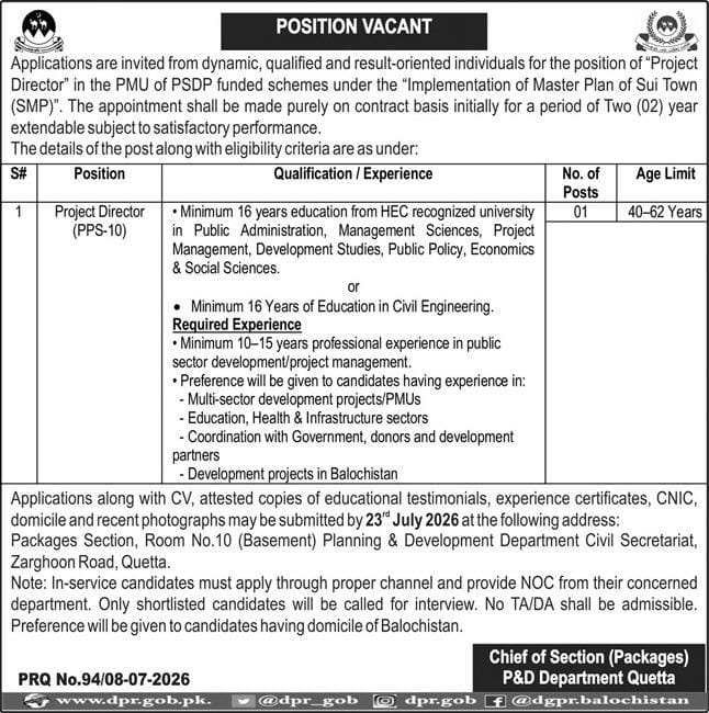 Planning and Development Department Quetta Jobs 2026