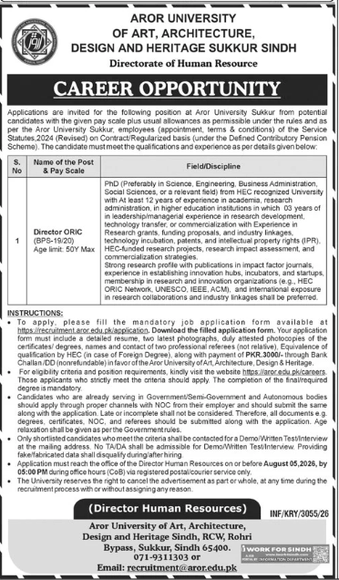 AROR University of Art , Architecture ,design and Heritage Sukkur Sindh   Jobs 2026
